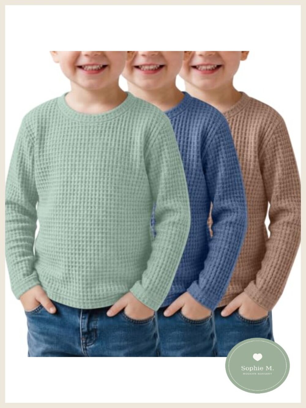 3-Pack Baby Boys Long Sleeve Waffle Knit Tee Shirts - Soft Cotton Blend School